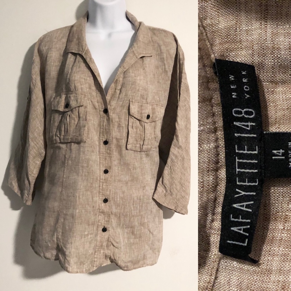 lafayette 148 tan/beige 3/4 length blouse 100% linen size 14.